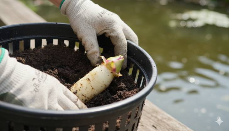Técnica correcta para posicionar un rizoma de nenúfar en una cesta de plantación antes de cubrirlo con tierra.