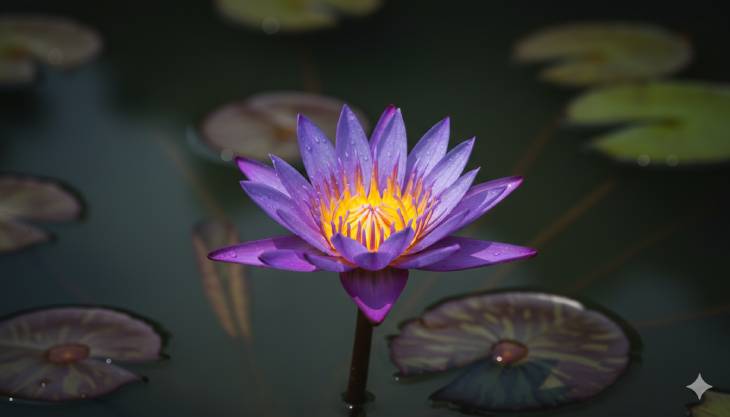 Primer plano de una flor de nenúfar tropical de color púrpura, mostrando su forma de estrella y cómo se eleva sobre el agua.