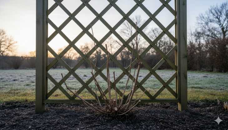 Resultado de una poda fuerte en una Clematis del Grupo 3, con los tallos cortados bajos para estimular el nuevo crecimiento.