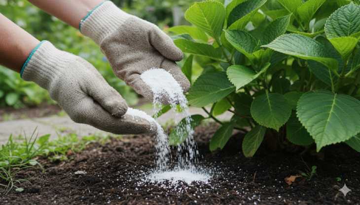 Aplicación de sulfato de aluminio en la base de una hortensia para acidificar el suelo y conseguir flores de color azul.