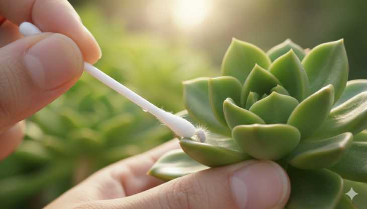 Tratamiento manual de la cochinilla algodonosa utilizando un bastoncillo de algodón con alcohol isopropílico.