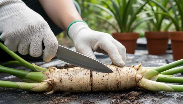 Técnica de corte para propagar Aspidistra mediante división de rizoma en primavera.