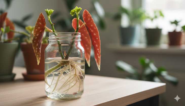 Esquejes de Begonia Maculata enraizando en agua, mostrando el crecimiento de raíces nuevas desde los nudos.
