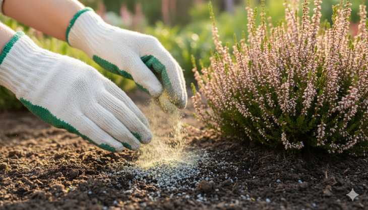 Jardinero aplicando enmiendas para bajar el pH del suelo de una brecina en el jardín.