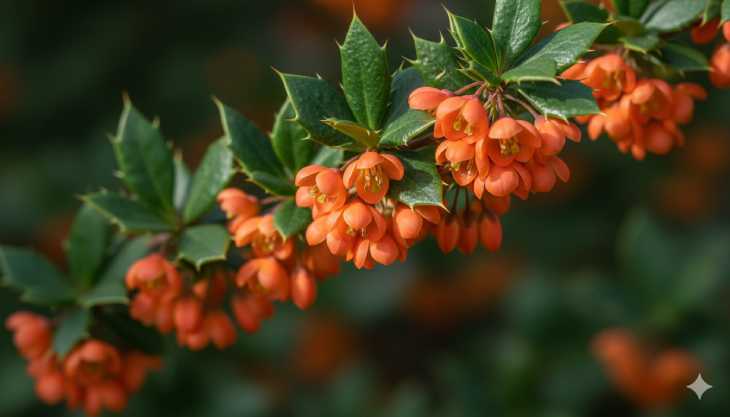 Detalle macro de la floración naranja intensa de un Agracejo de Darwin (Berberis darwinii).
