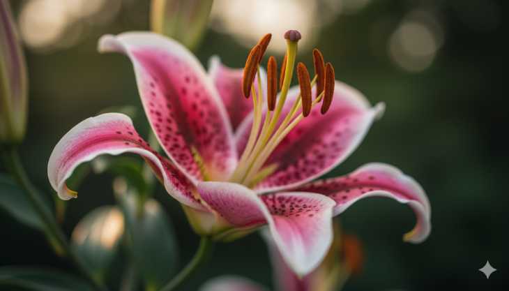 Primer plano de un lirio oriental Stargazer, mostrando sus pétalos moteados y su elegancia característica.