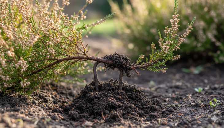Técnica de propagación por acodo simple en una planta de Brecina, enterrando una rama lateral para que eche raíces.