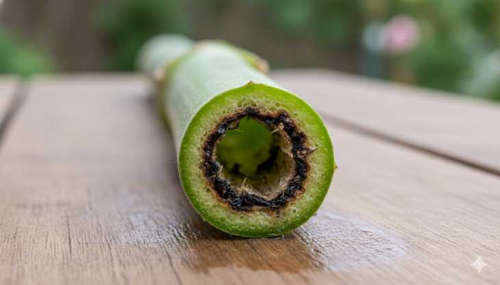 Tallo de geranio dañado por orugas de la mariposa, mostrando galerías internas y podredumbre negra.