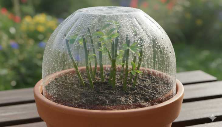 Esquejes de rosal protegidos por un invernadero casero hecho con una botella de plástico para mantener la humedad.
