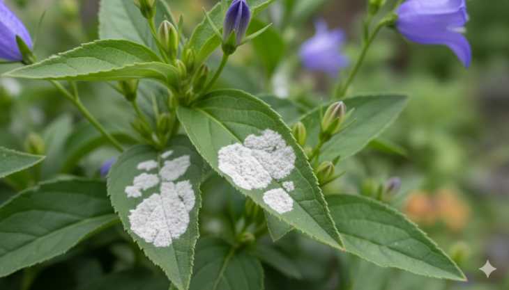 Hojas de campanilla afectadas por oídio o cenicilla, mostrando manchas blancas de hongo harinoso.