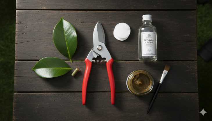 Herramientas esenciales para podar camelias: tijeras desinfectadas y pasta para sellar cortes grandes.