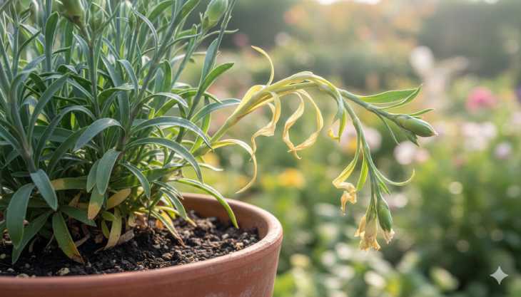 Planta de clavel con síntomas de marchitez por Fusarium, mostrando tallos amarillos y caídos.