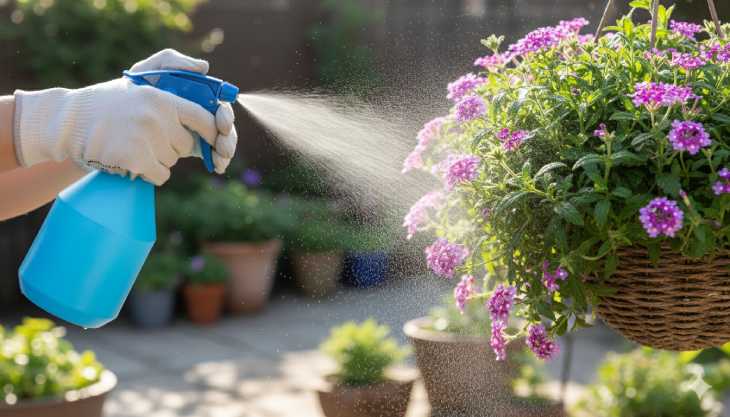Aplicación de tratamiento ecológico con jabón potásico en verbena para eliminar plagas de pulgón.
