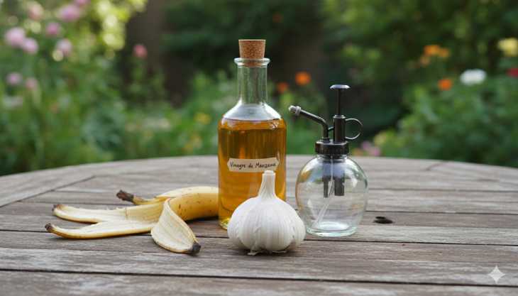Ingredientes naturales para preparar remedios caseros para plantas, incluyendo ajo y vinagre de manzana.