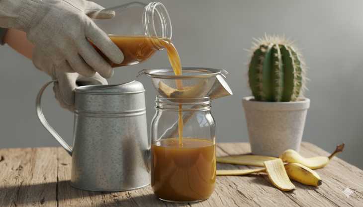Preparación de té de cáscara de plátano como abono casero rico en potasio para hacer florecer cactus.