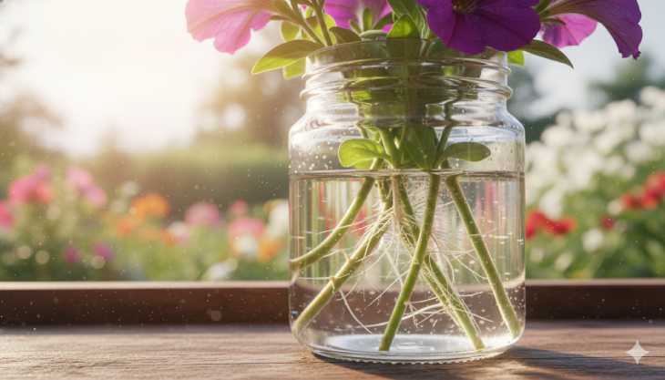 Esquejes de petunia enraizando en agua, un método natural y casero de propagación.