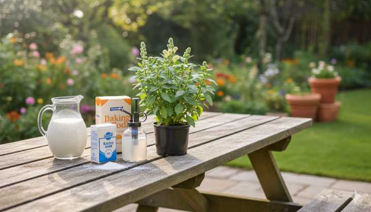 Ingredientes naturales (leche y bicarbonato) preparados para crear un fungicida casero para plantas.