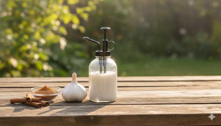 Ingredientes naturales como canela y ajo preparados para crear fungicidas y repelentes caseros para plantas.