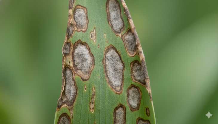 Detalle de hongo Fuego del Tulipán o Botrytis en el follaje, una enfermedad común de los bulbos.