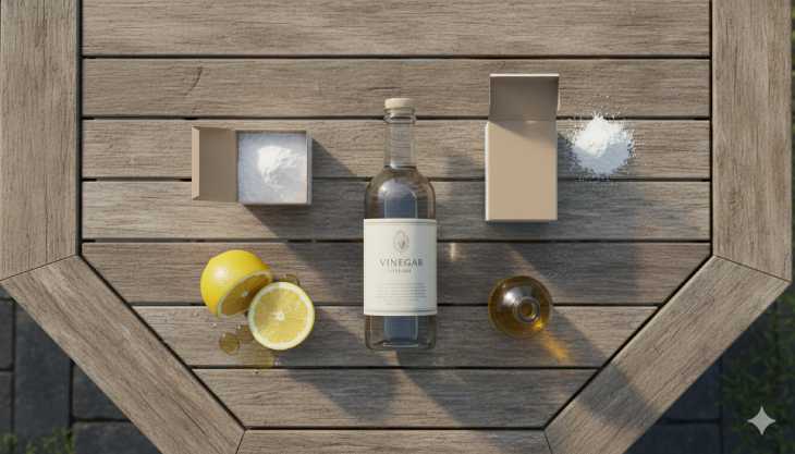 Ingredientes naturales para el mantenimiento de pozos de jardín: vinagre, bicarbonato, limón y aceite de linaza.