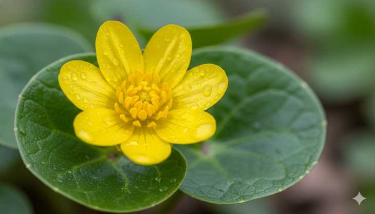 Detalle macro de la flor brillante y las hojas en forma de corazón de la Celidonia Menor (Ficaria verna).