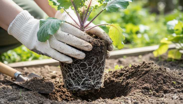 Plántulas recién germinadas de col ornamental mostrando un crecimiento sano y vigoroso.