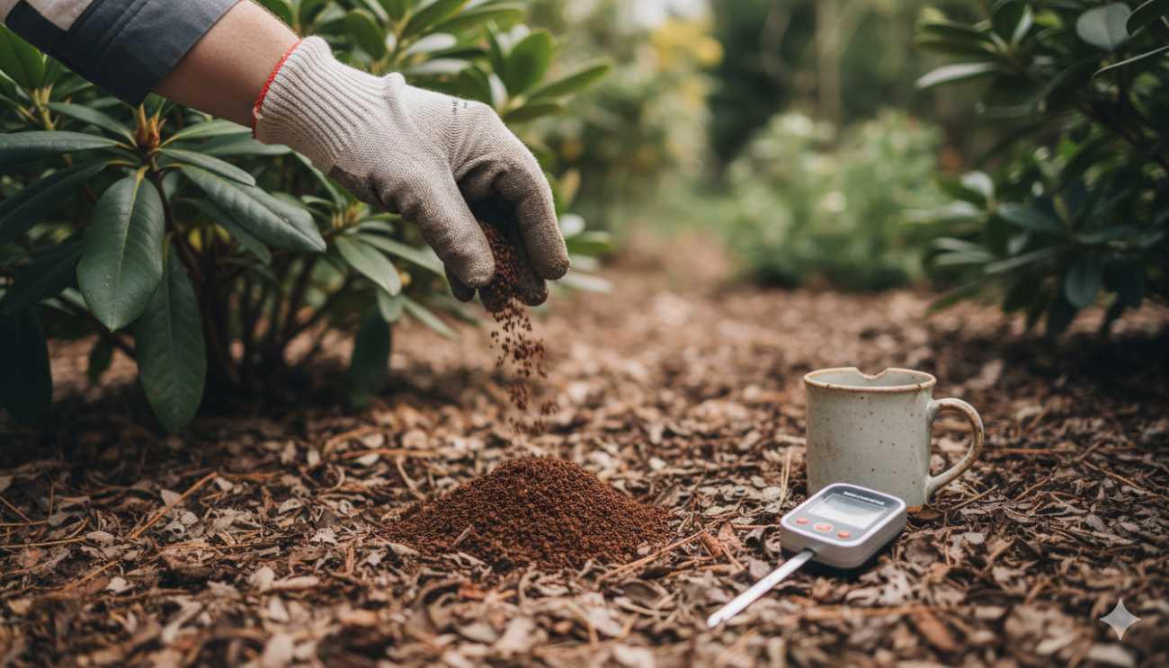 Uso de posos de café como abono casero acidificante para nutrir rododendros de forma natural.