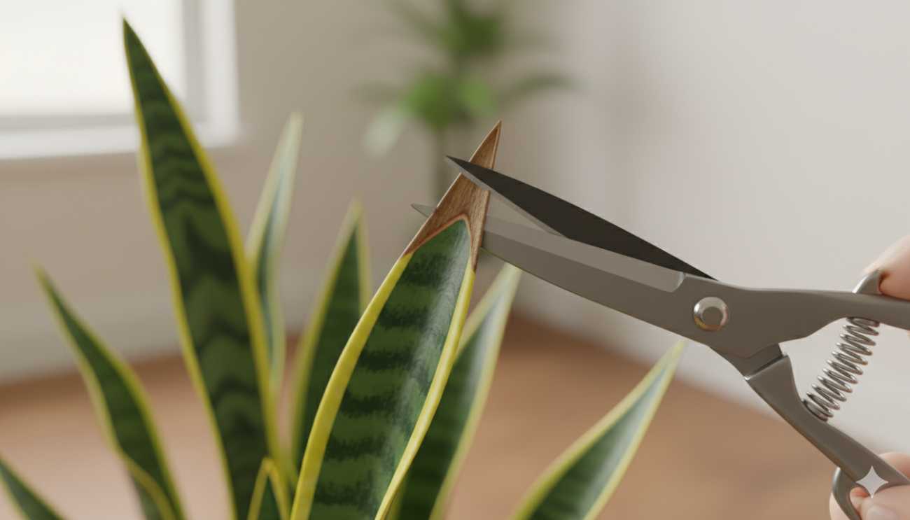 Poda estética de puntas marrones en una Sansevieria utilizando tijeras desinfectadas.