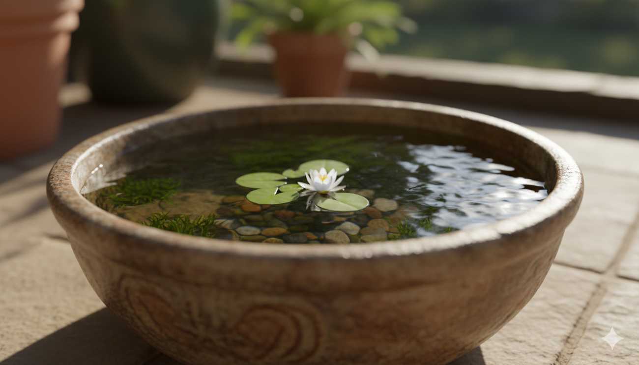 Nenúfar miniatura o pigmeo creciendo en un contenedor pequeño, ideal para terrazas y balcones.