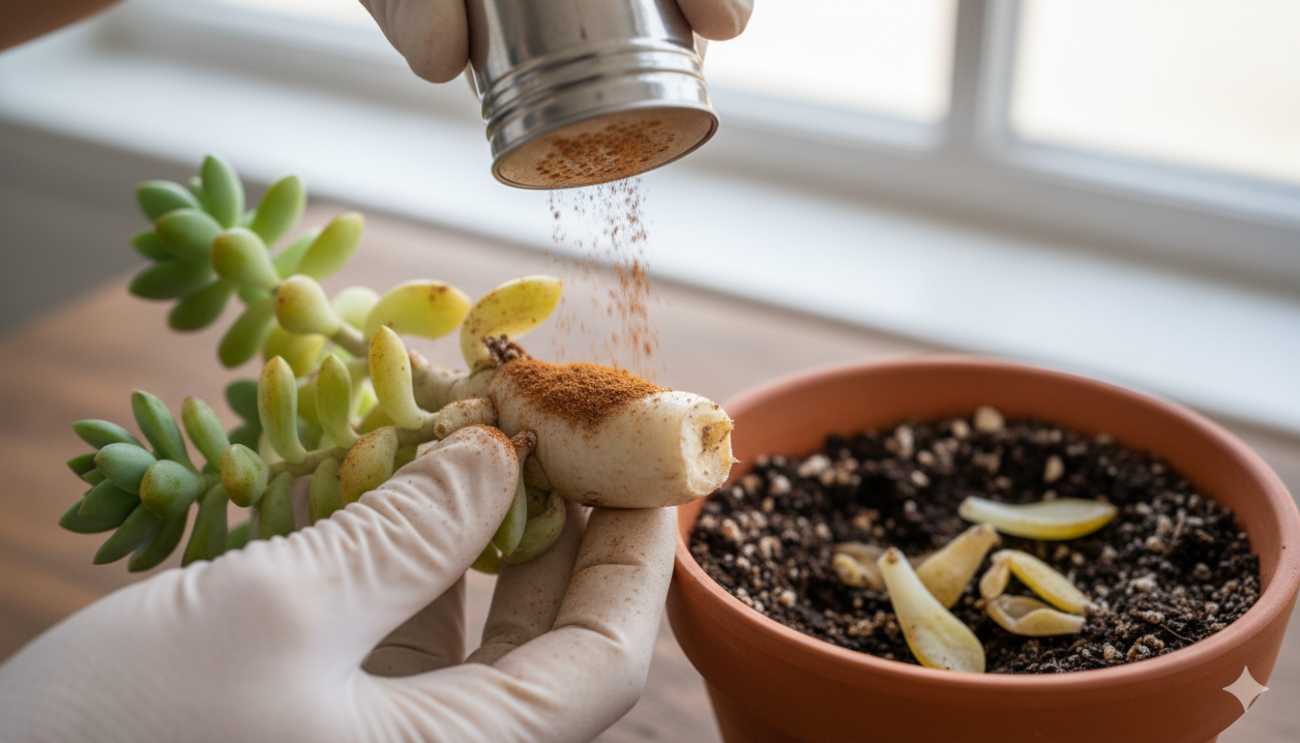 Uso de canela en polvo como fungicida casero natural para tratar raíces podridas de una suculenta.