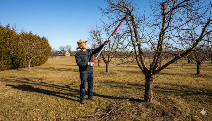 jardinero podando arbol alto con tijeras extensibles