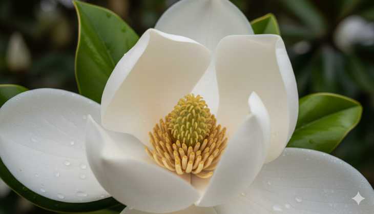Detalle macro del centro de una flor de Magnolia grandiflora, mostrando su estructura botánica ancestral.