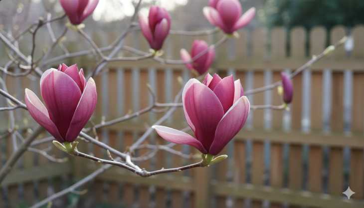 Flores de Magnolia Susan, una variedad ideal para jardines con poco espacio.