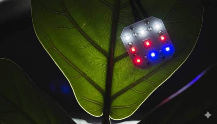 Detalle de los diodos LED de una lámpara de cultivo de espectro completo para fotosíntesis.