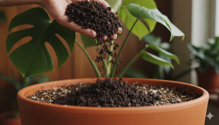 Aplicación de humus de lombriz como fertilizante orgánico de superficie en una maceta.