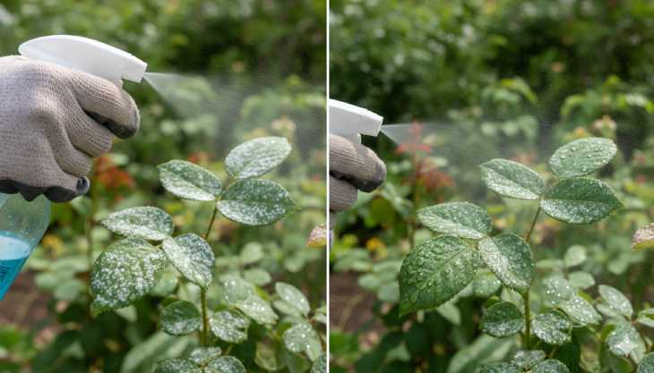 Aplicación foliar de bicarbonato de sodio en un rosal para eliminar el hongo oídio de forma natural.