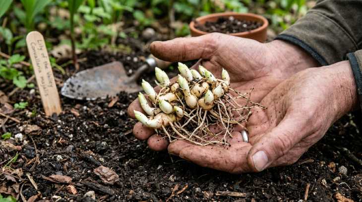 Rizomas y yemas de crecimiento de lirio de los valles listos para plantar