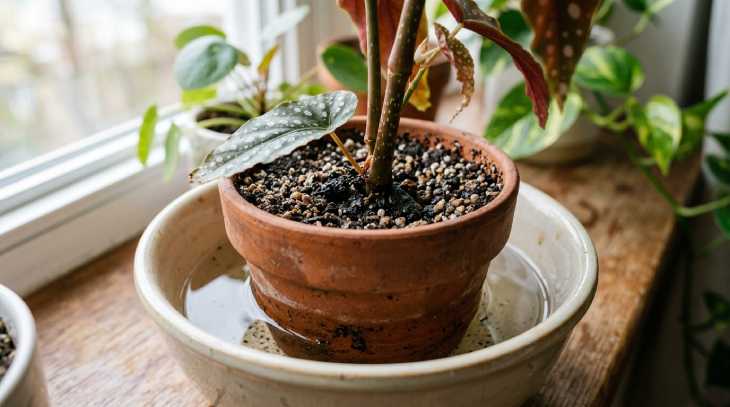 Riego por capilaridad o inmersión de una maceta con Begonia Maculata