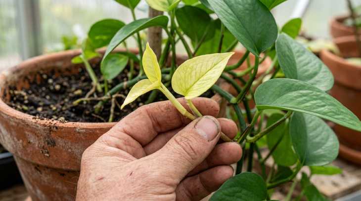 Hojas nuevas pálidas en planta del dinero indicando falta de abono o nitrógeno
