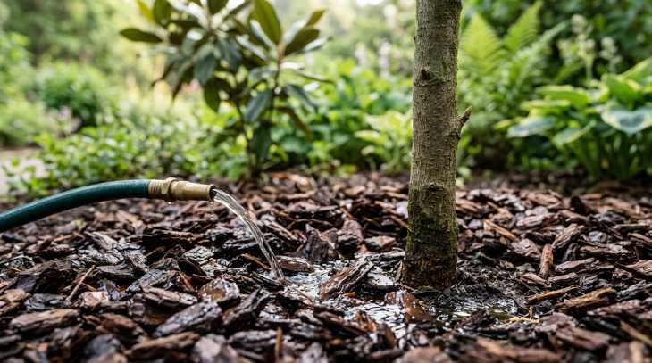 Acolchado de corteza de pino en la base de un magnolio para mantener el riego
