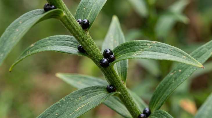 Detalle de los bulbilos o bolitas negras en el tallo del lirio tigre para su reproducción