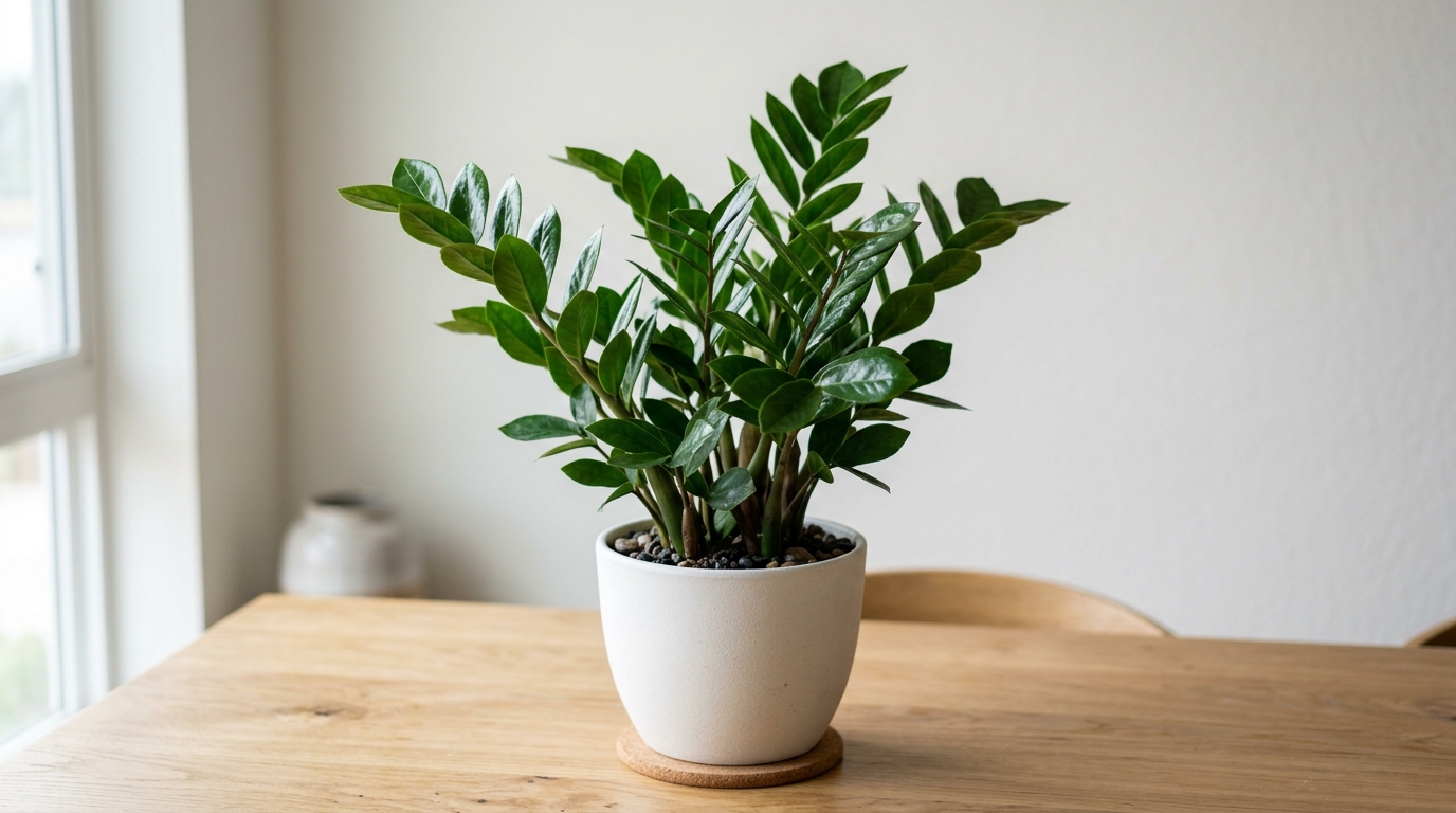 Planta Zamioculca en maceta blanca.