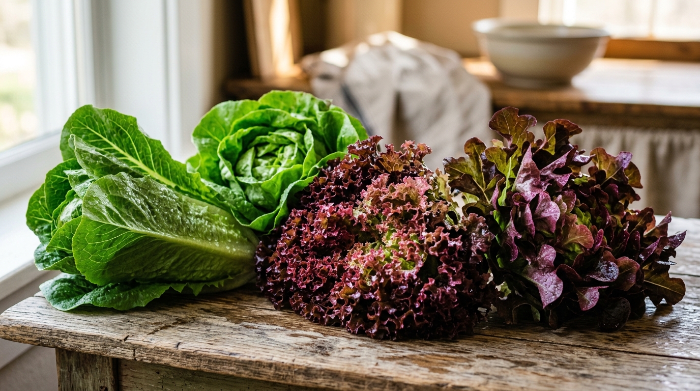 lechuga romana verde, Lollo Rossa de hojas rizadas, lechuga de hoja de roble de tonos púrpuras y una variedad mantecosa compacta, todo bajo una luz natural suave que resalta su frescura.