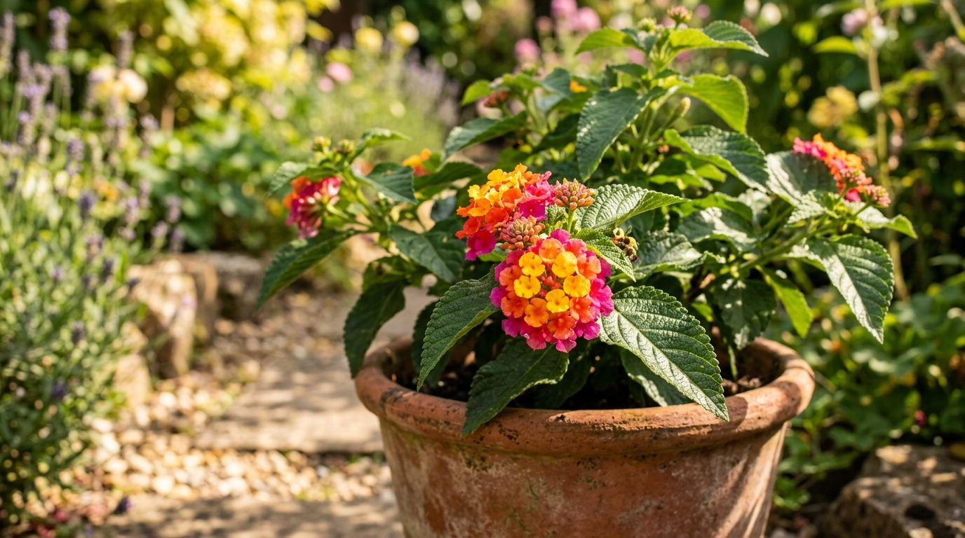 Lantana camara. Muestra su característico ramillete de flores en transición de color, pasando de amarillo en el centro a tonos naranjas y rosados intensos en los bordes, bajo una luz cálida de jardín.