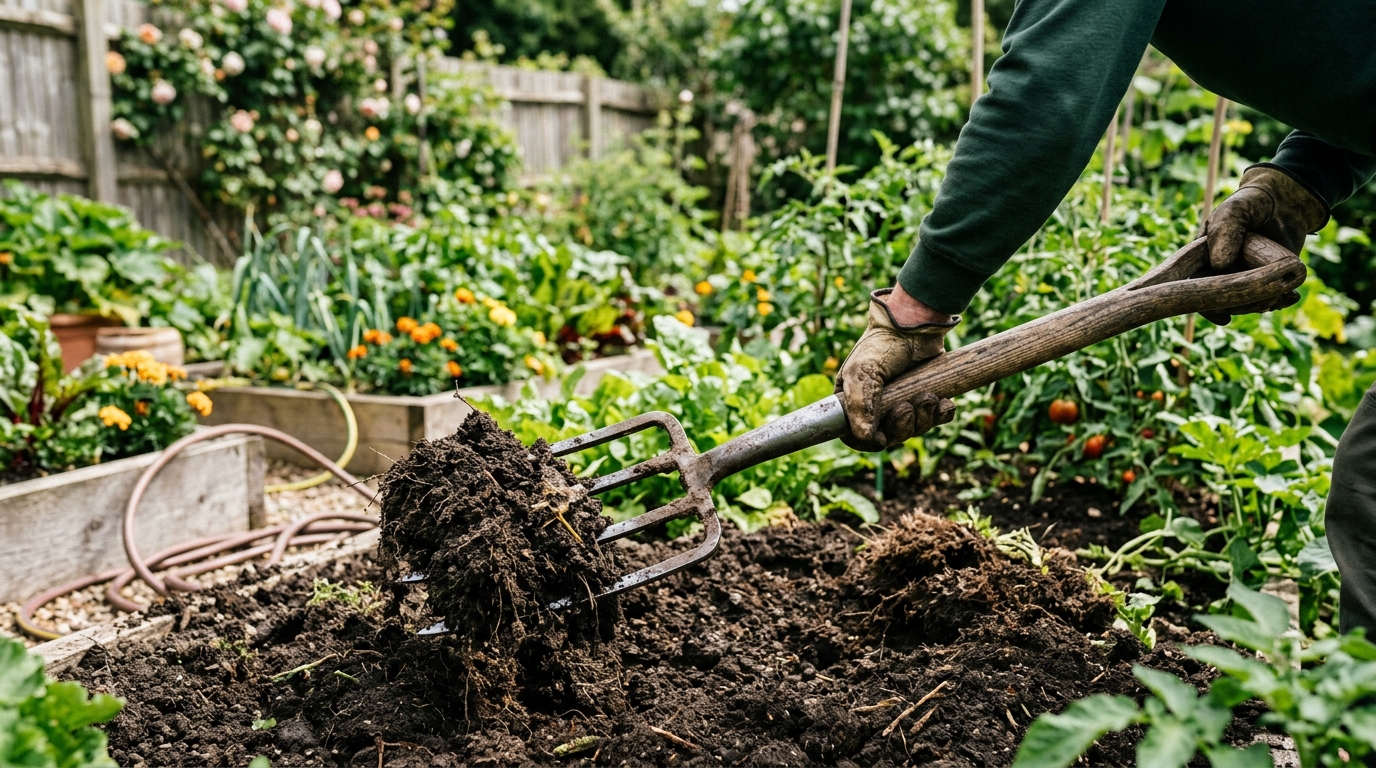 una horca de cavar clásica de jardinería
