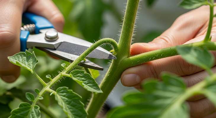 Manos de un jardinero podando un brote o chupón de una planta de tomate para mejorar su crecimiento.