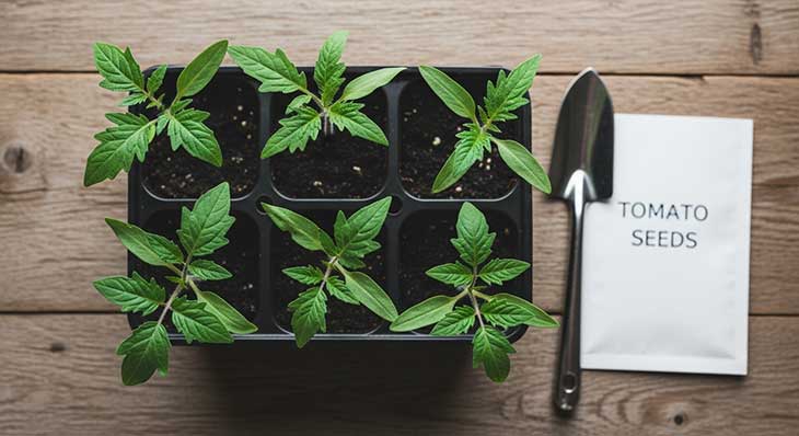 Pequeñas plántulas de tomate creciendo en un semillero, listas para ser trasplantadas al huerto.