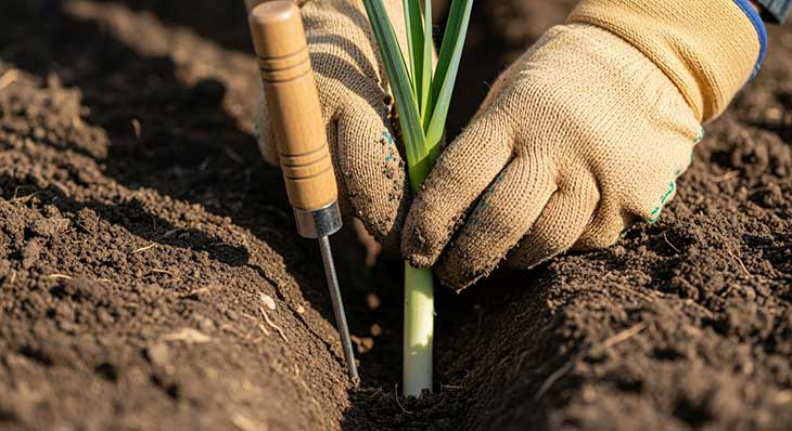 Manos de un jardinero plantando un joven plantón de puerro en un surco profundo.