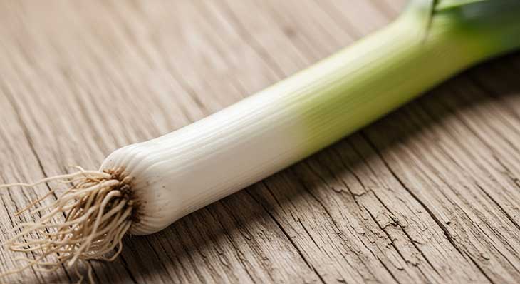Primer plano de un puerro recién cosechado, mostrando su largo tallo blanco y raíces.
