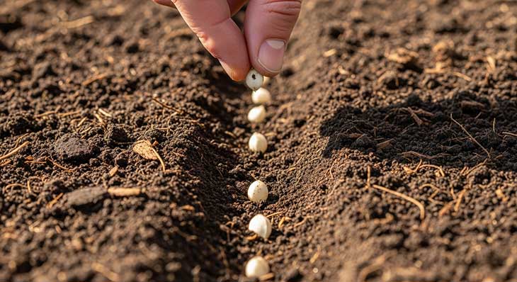 Semillas de rábano siendo sembradas en un surco en tierra suelta y oscura.